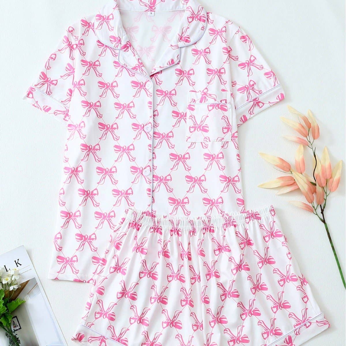 Butterfly Bow Heart Short Sleeve Pajama Set For Women