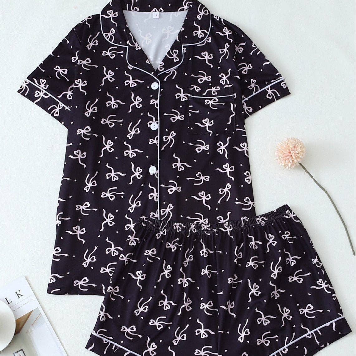 Butterfly Bow Heart Short Sleeve Pajama Set For Women