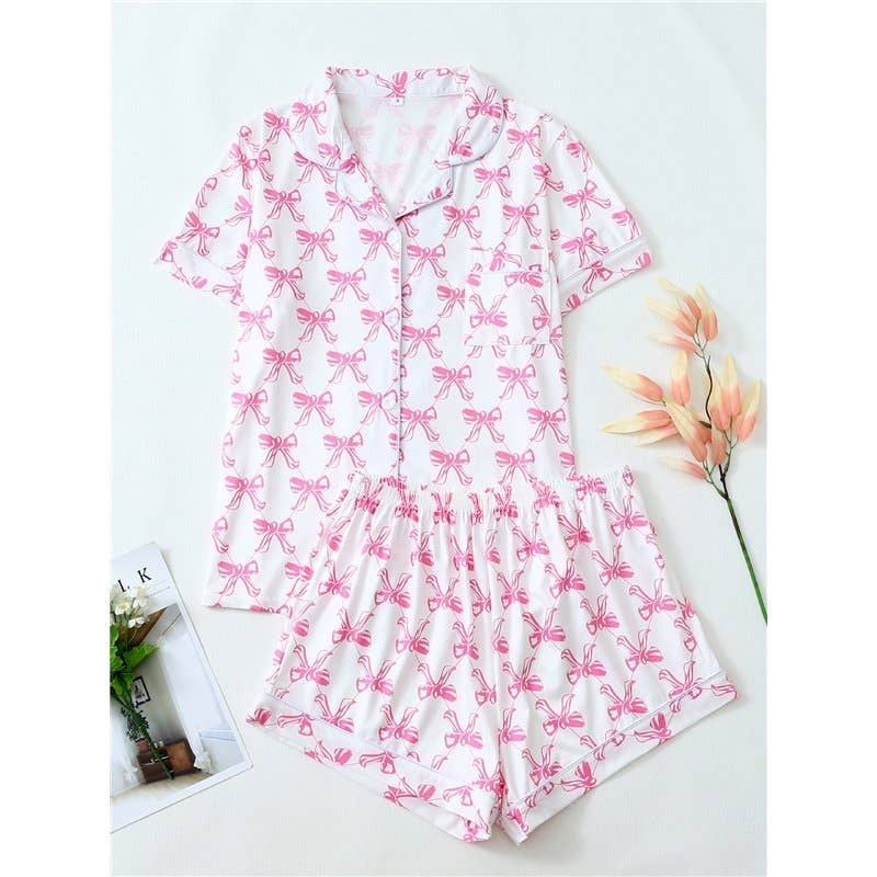 Butterfly Bow Heart Short Sleeve Pajama Set For Women
