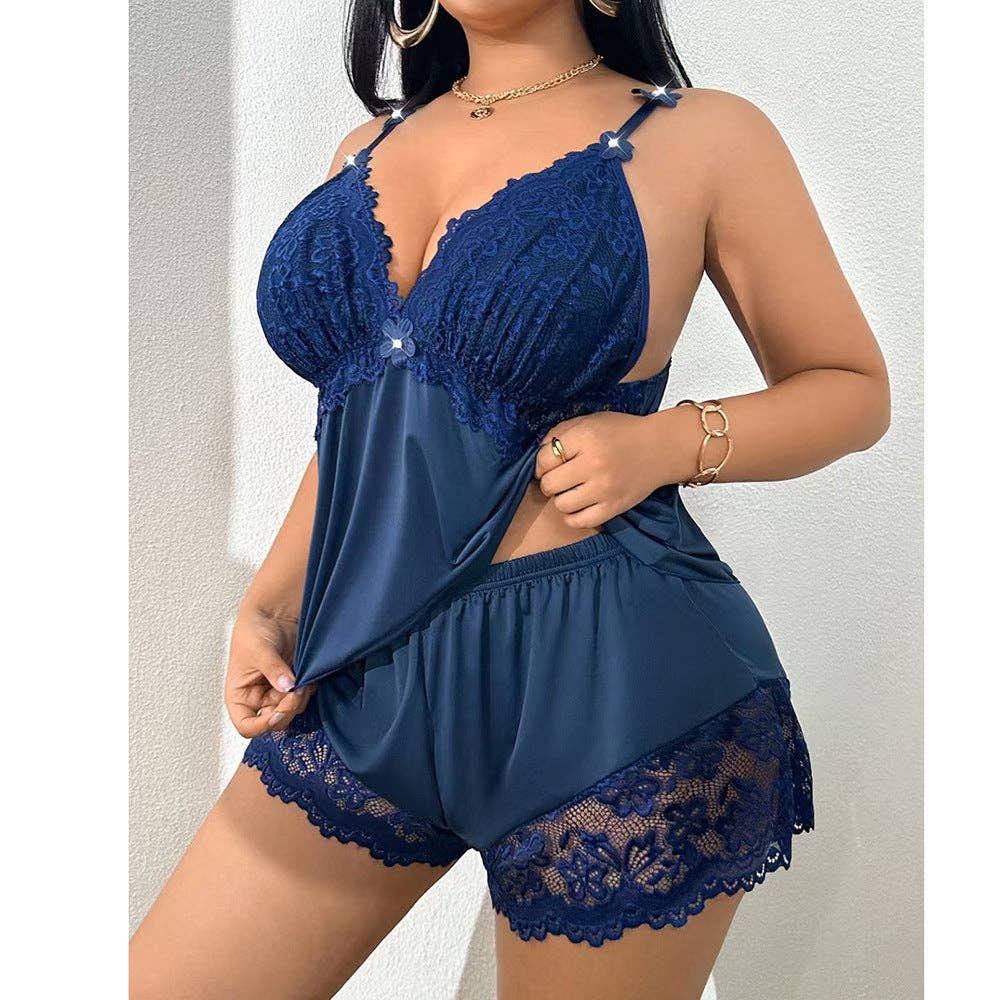 Sexy Lace Trim Bra And Panty Sleepwear Set Plus Size