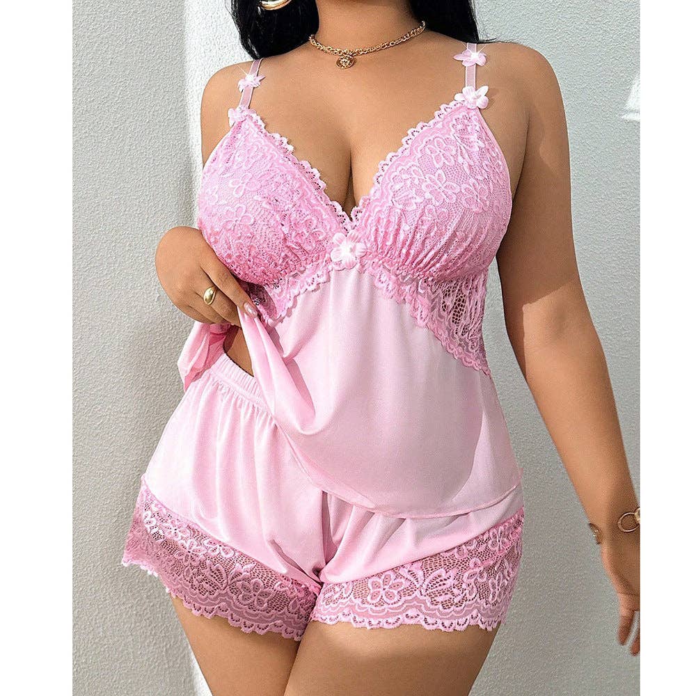 Sexy Lace Trim Bra And Panty Sleepwear Set Plus Size