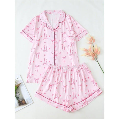 Butterfly Bow Heart Short Sleeve Pajama Set For Women