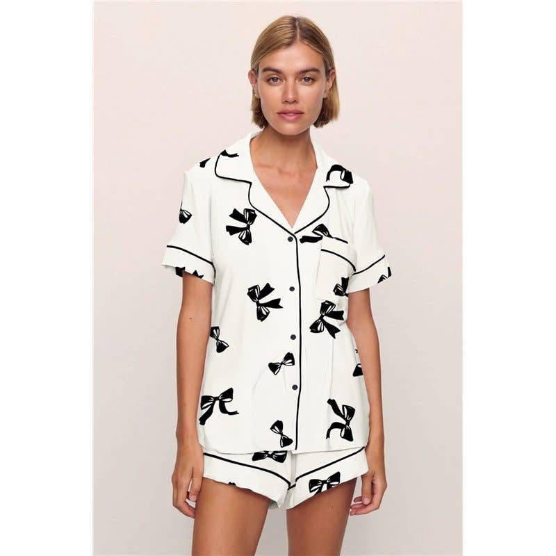 Butterfly Bow Heart Short Sleeve Pajama Set For Women