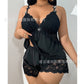 Sexy Lace Trim Bra And Panty Sleepwear Set Plus Size