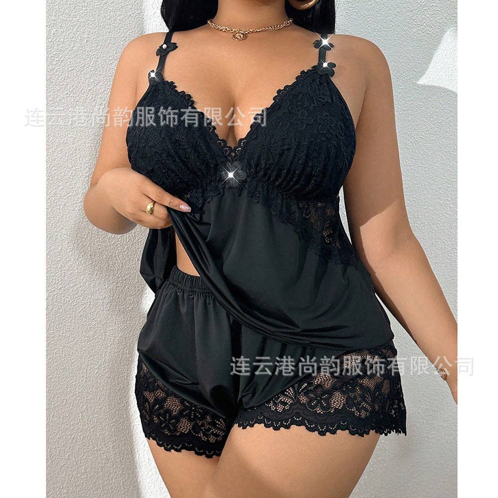 Sexy Lace Trim Bra And Panty Sleepwear Set Plus Size