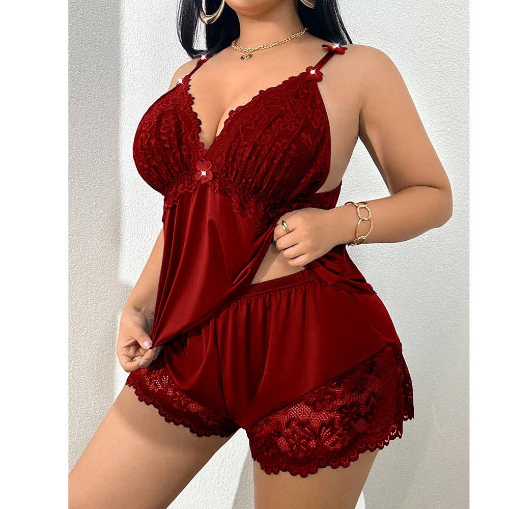 Sexy Lace Trim Bra And Panty Sleepwear Set Plus Size