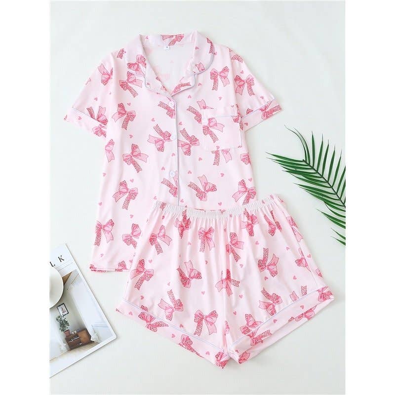 Butterfly Bow Heart Short Sleeve Pajama Set For Women