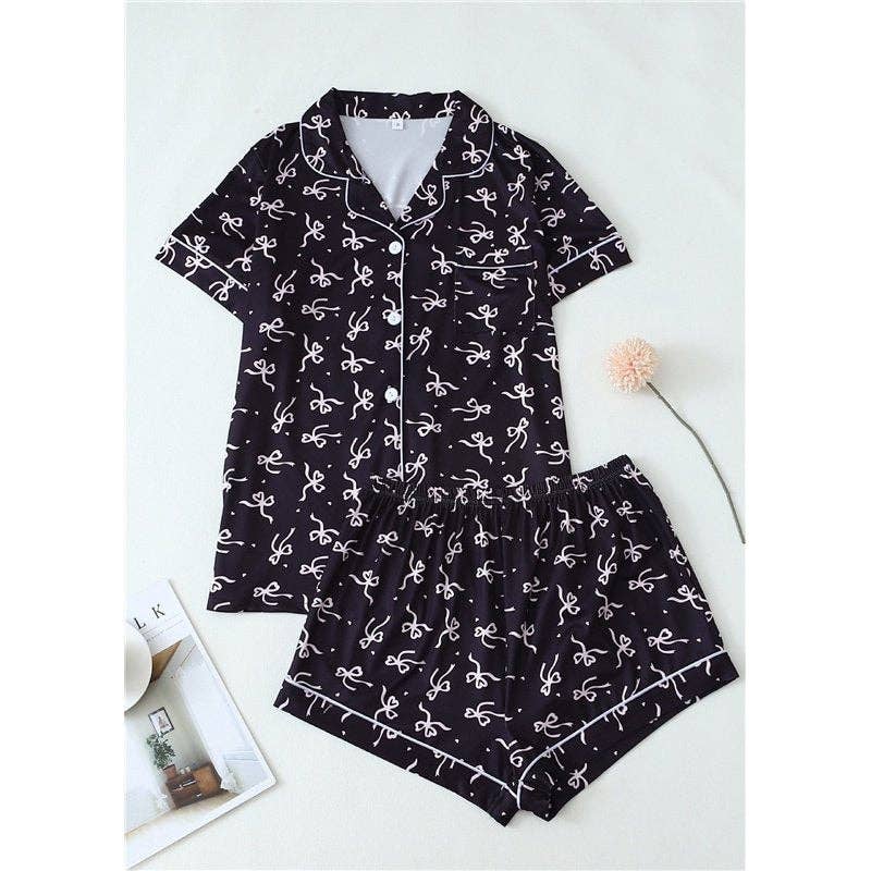 Butterfly Bow Heart Short Sleeve Pajama Set For Women