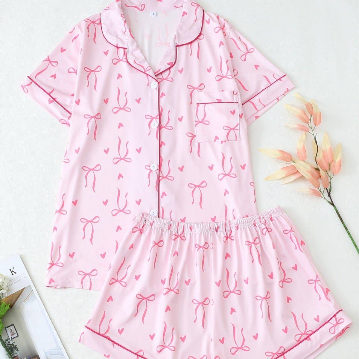 Butterfly Bow Heart Short Sleeve Pajama Set For Women