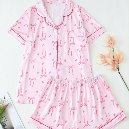 Butterfly Bow Heart Short Sleeve Pajama Set For Women