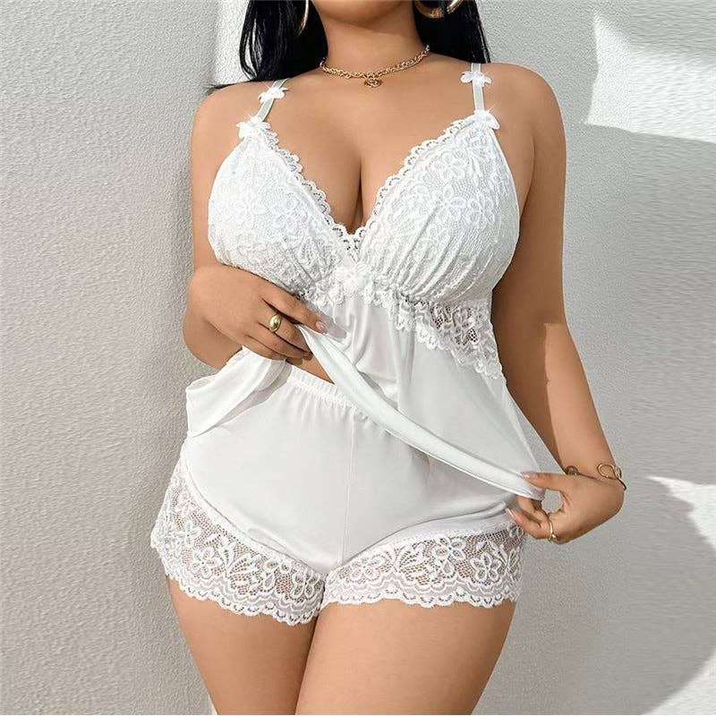 Sexy Lace Trim Bra And Panty Sleepwear Set Plus Size