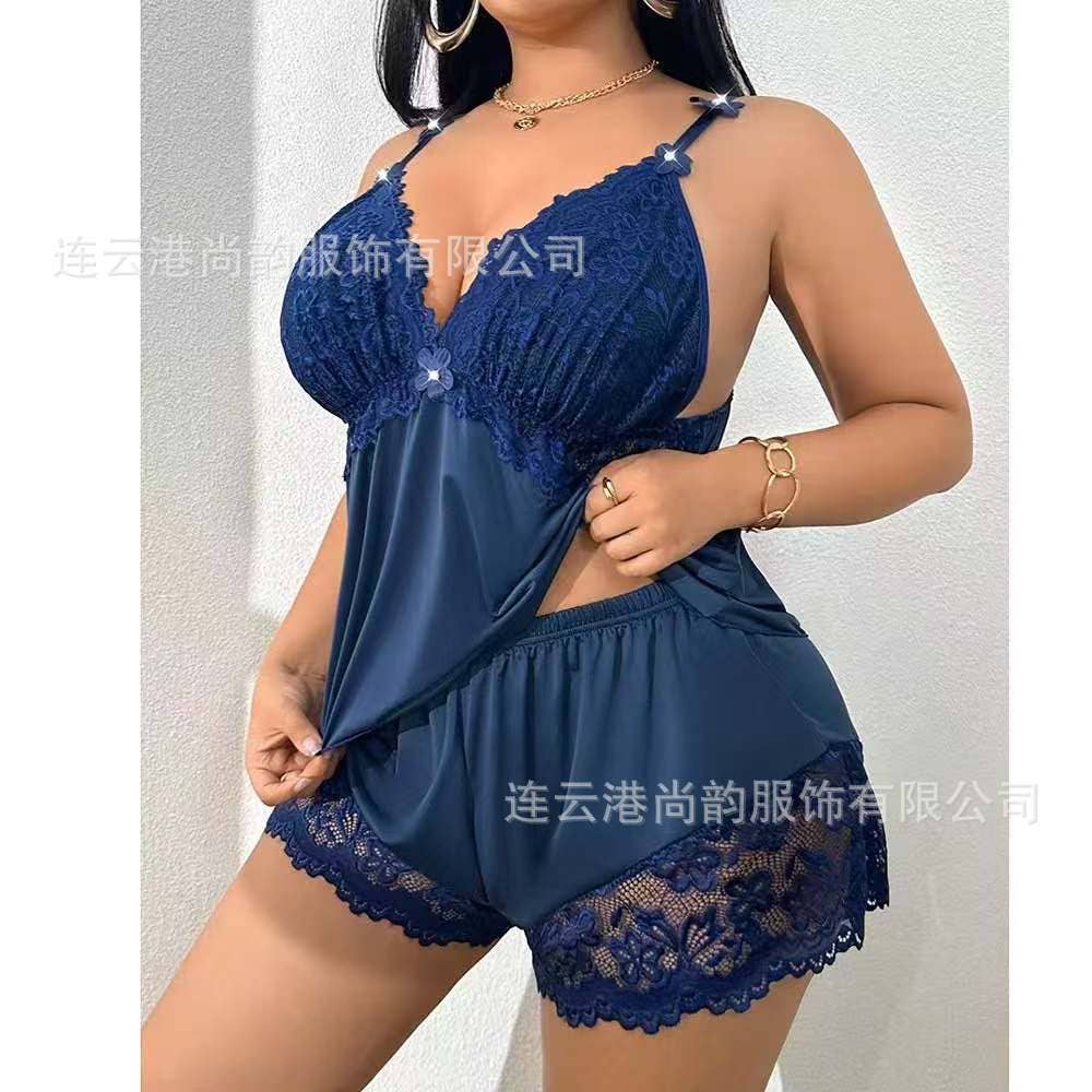 Sexy Lace Trim Bra And Panty Sleepwear Set Plus Size