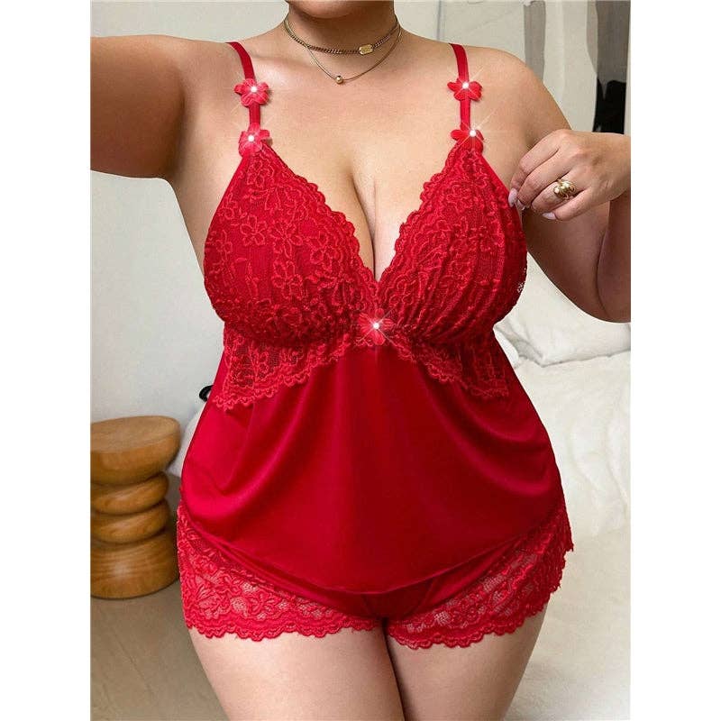 Sexy Lace Trim Bra And Panty Sleepwear Set Plus Size