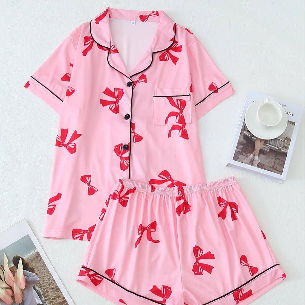 Butterfly Bow Heart Short Sleeve Pajama Set For Women