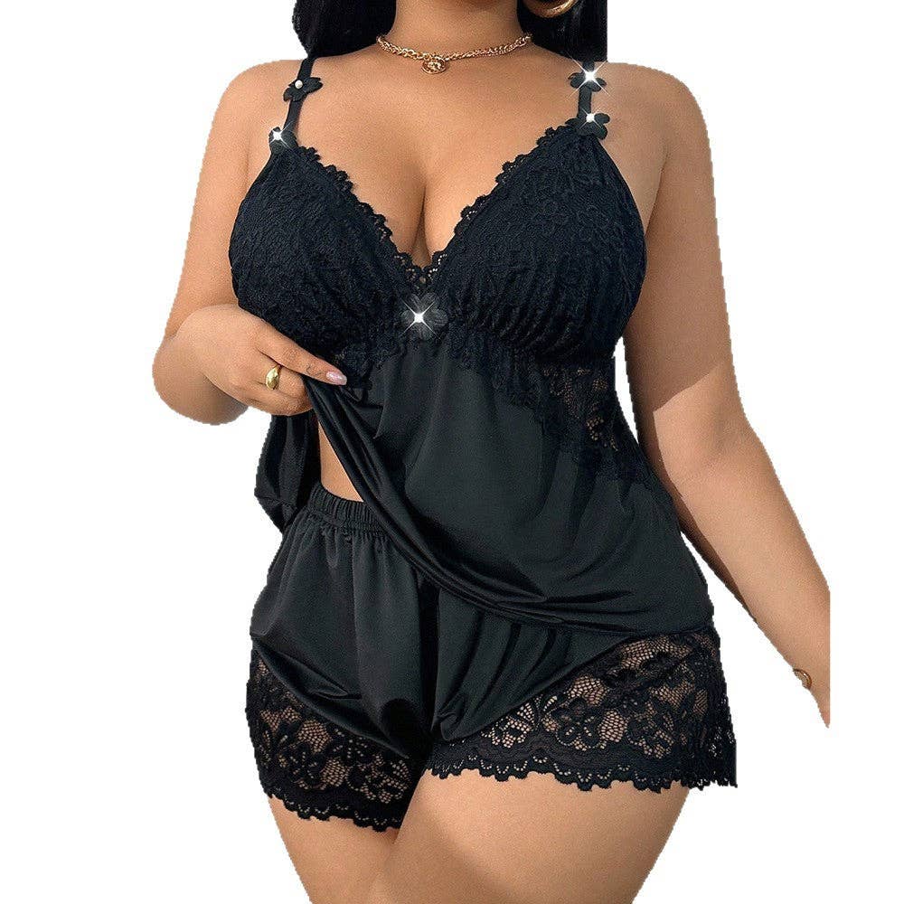 Sexy Lace Trim Bra And Panty Sleepwear Set Plus Size