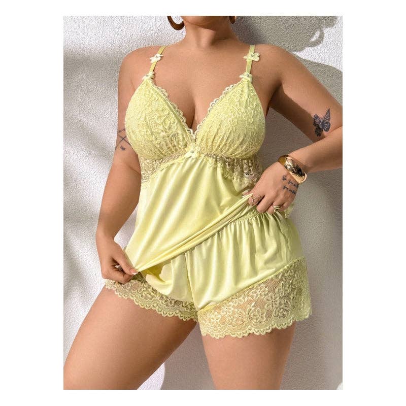 Sexy Lace Trim Bra And Panty Sleepwear Set Plus Size
